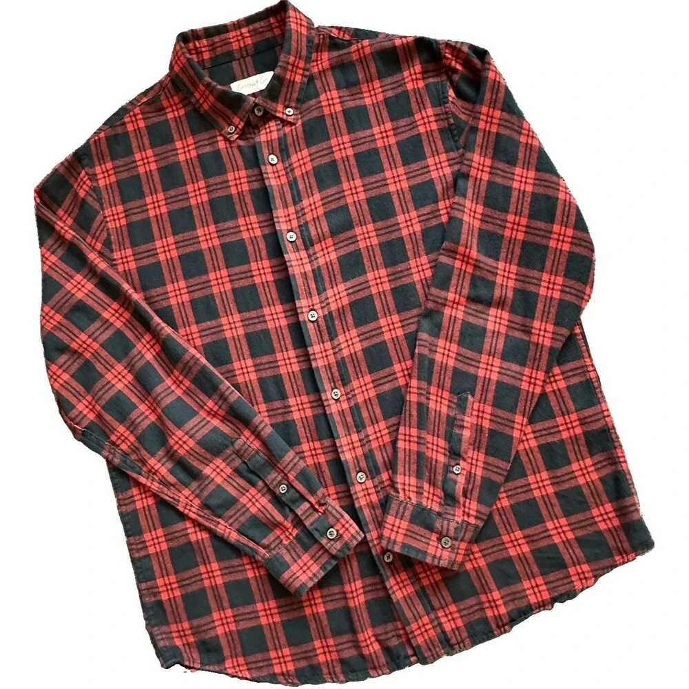 Cotton & Co Red Black Plaid Flannel Button Down Shirt Grunge Goth Classic L